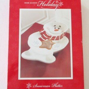 Home Accents Red Scarf Snowman Star Snowflakes Christmas Ceramic Platter Plate